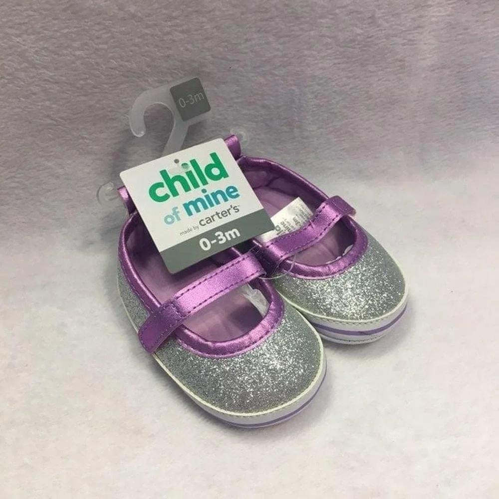 Child of Mine Mary Jane Baby Girl 0-3m Silver Purple New Glitter Crib Shoes